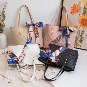 All-Match PU Leather Tote Handbag Silk Ribbon Multifunction Crossbody Bag Zipper Korean Style Bow Shoulder Bag Women Luxury Chic